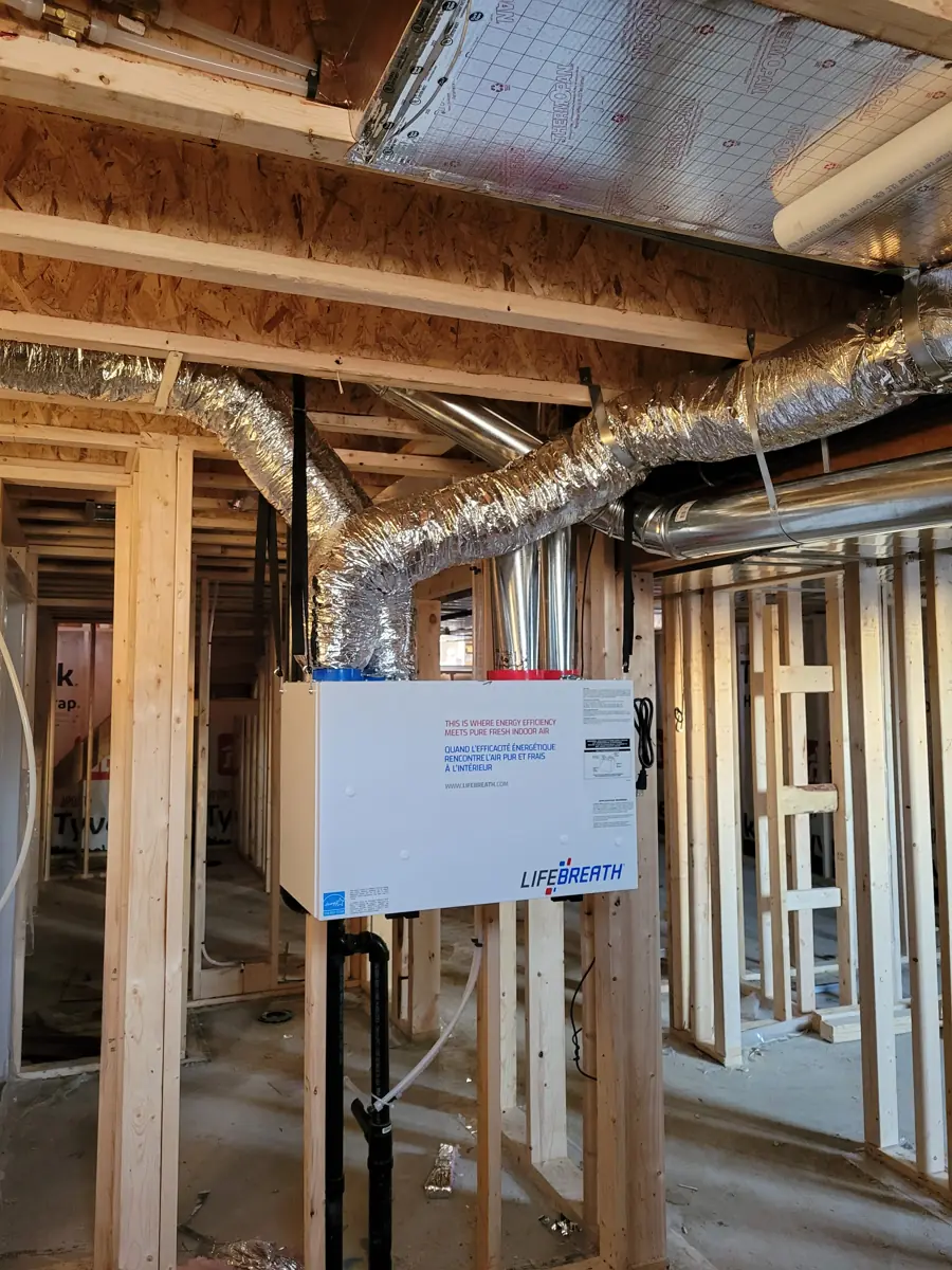 Lifebreath HRV installed with insulated ducts in a new build basement